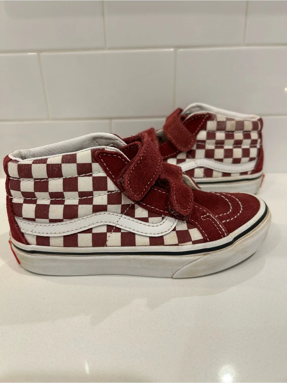 Preloved Vans Red/Maroon Checkerboard Mid Sk8 Kids Shoes Size 13!
